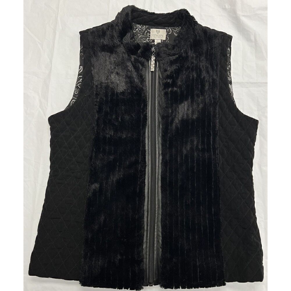 Chico's Black Faux Fur/ Quilted Lined Vest Embellished Zipper  Chico's Size 1